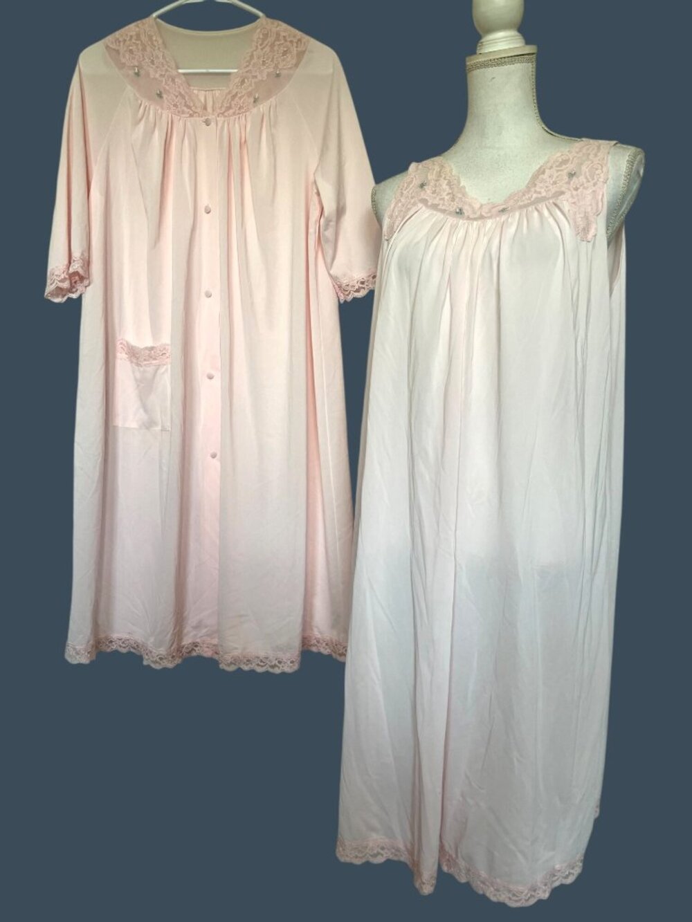 Vtg Shadowline Pink Nightgown Robe Set Medium Lace Trim Peignoir Grannycore USA